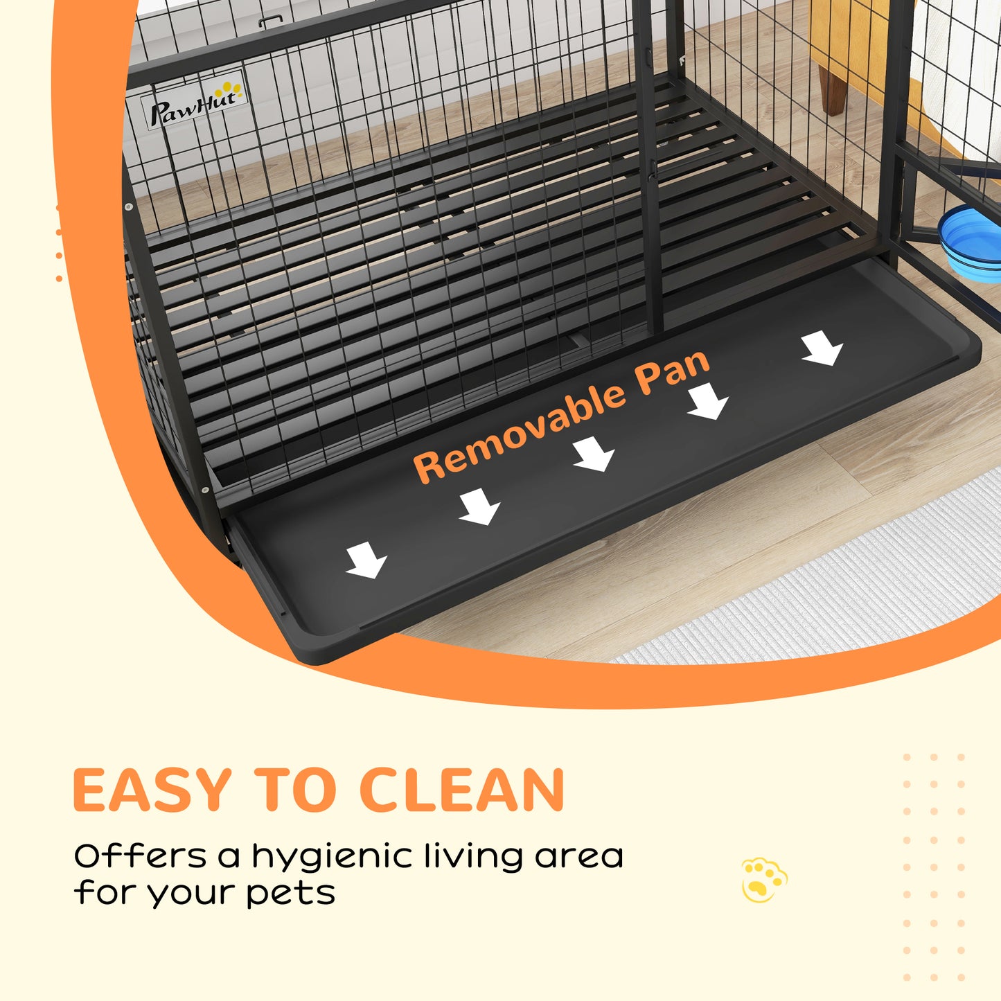 48" Heavy Duty Dog Crate on Wheels w/ Bowl Holder, Removable Tray