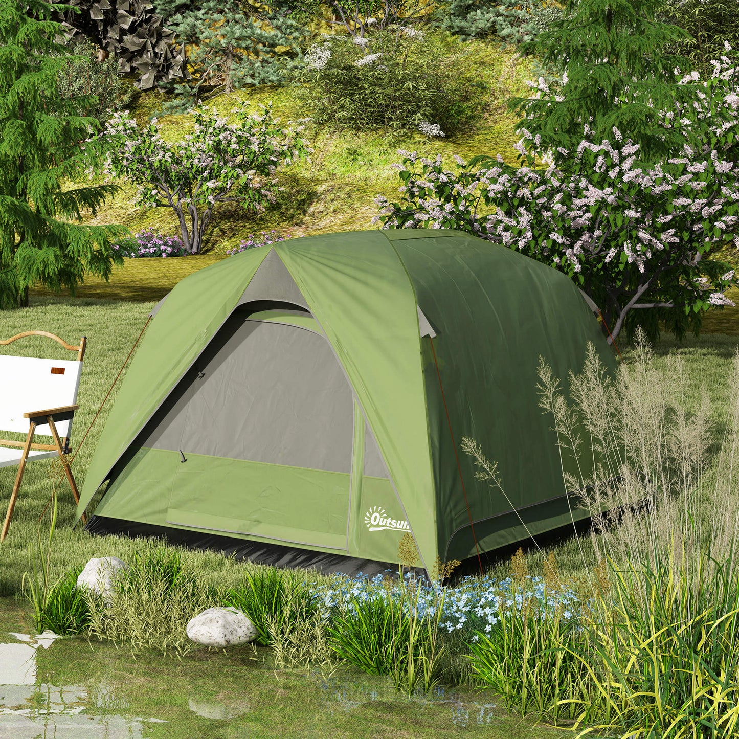 3-4 Person Camping Tent, Waterproof Tent, Olive Green and Grey
