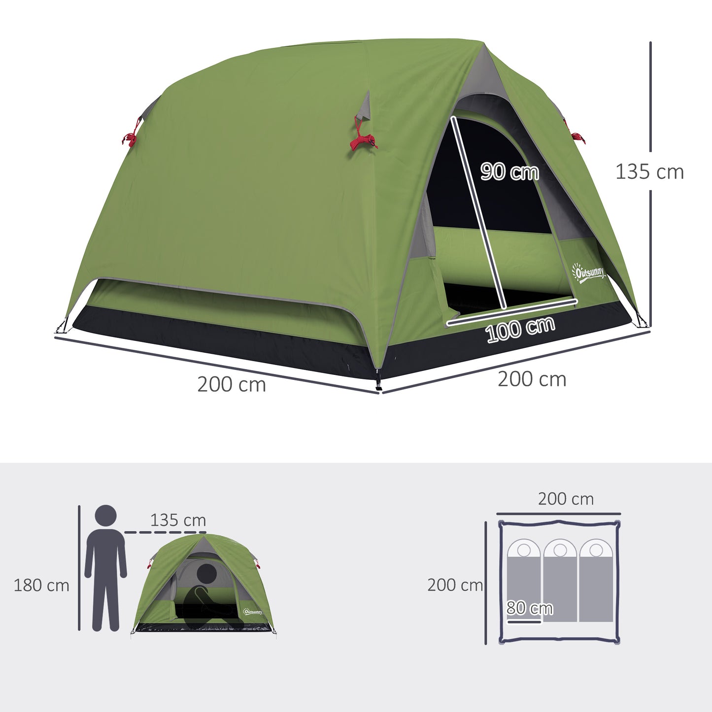 3-4 Person Camping Tent, Waterproof Tent, Olive Green and Grey