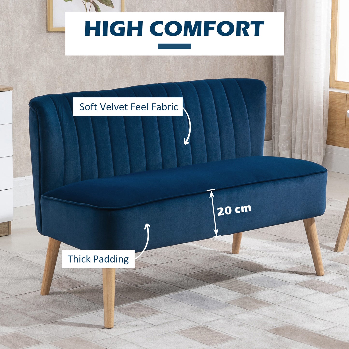 Double Sofa Foam Padding High Back, Dark Blue