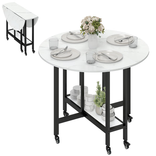 Folding Dining Table, Drop Leaf Table with Open Shelf, White Marble
