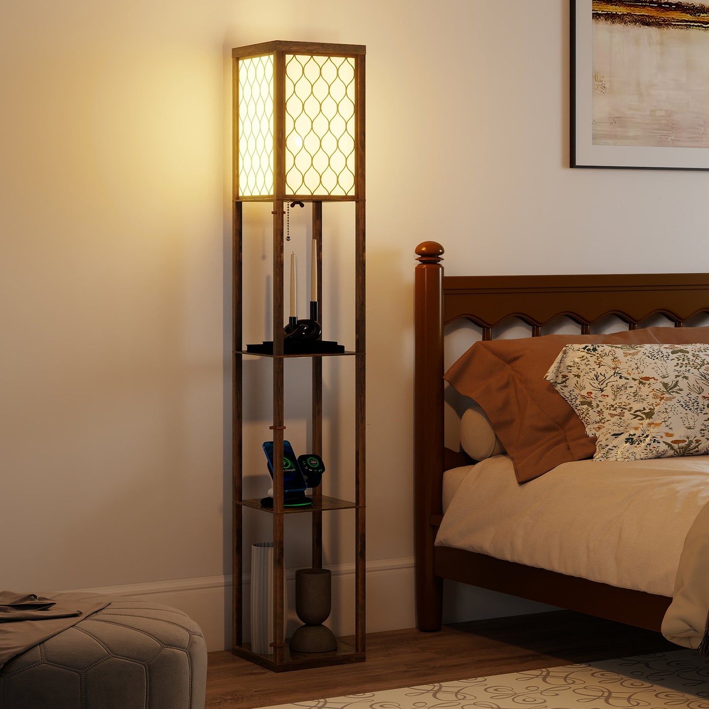 Modern Floor Lamp Light with 3 Shelves Fabric Lampshade, Rustic Brown