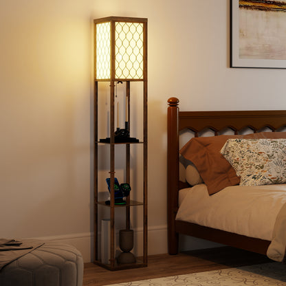 Modern Floor Lamp Light with 3 Shelves Fabric Lampshade, Rustic Brown