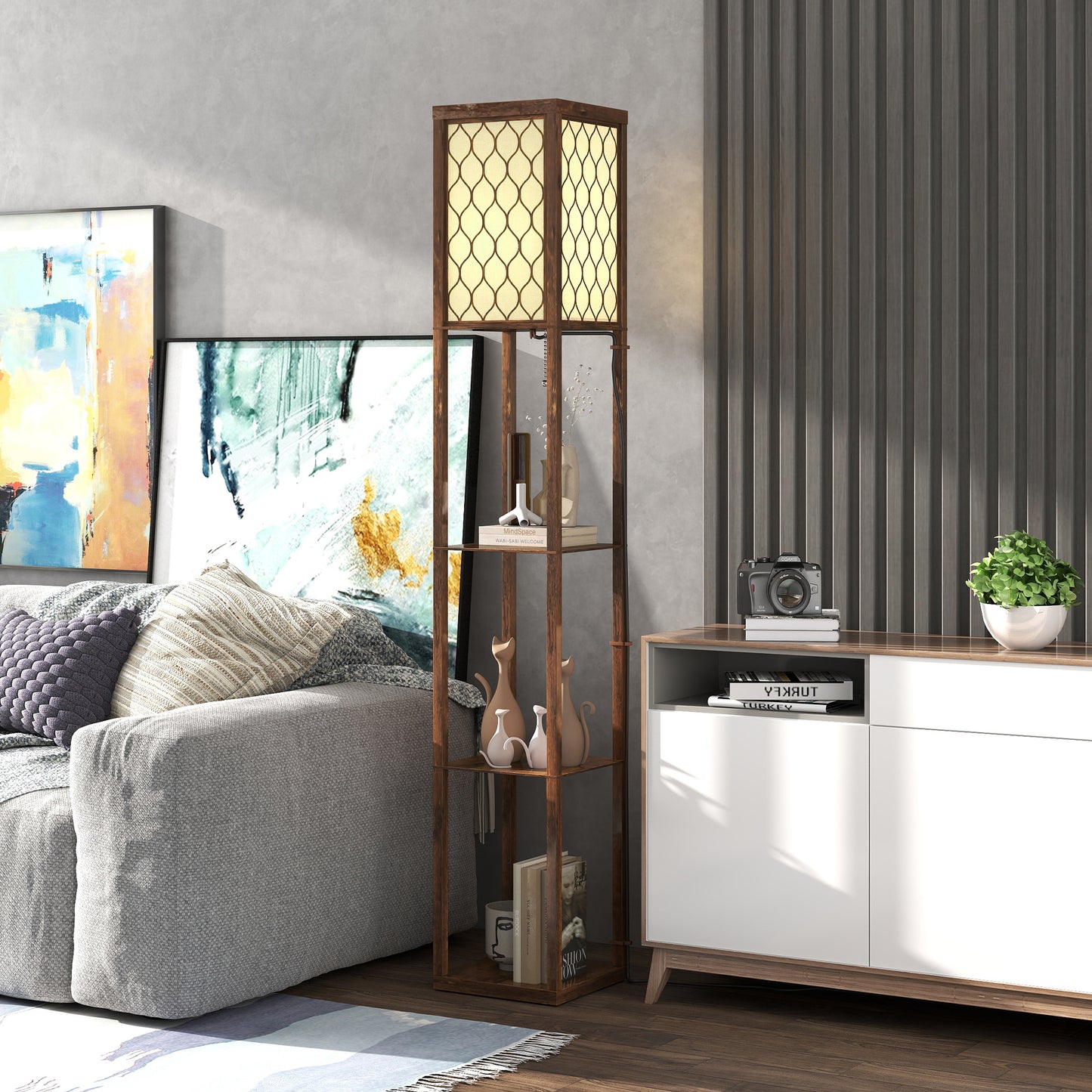 Modern Floor Lamp Light with 3 Shelves Fabric Lampshade, Rustic Brown
