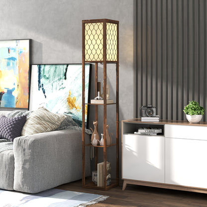 Modern Floor Lamp Light with 3 Shelves Fabric Lampshade, Rustic Brown