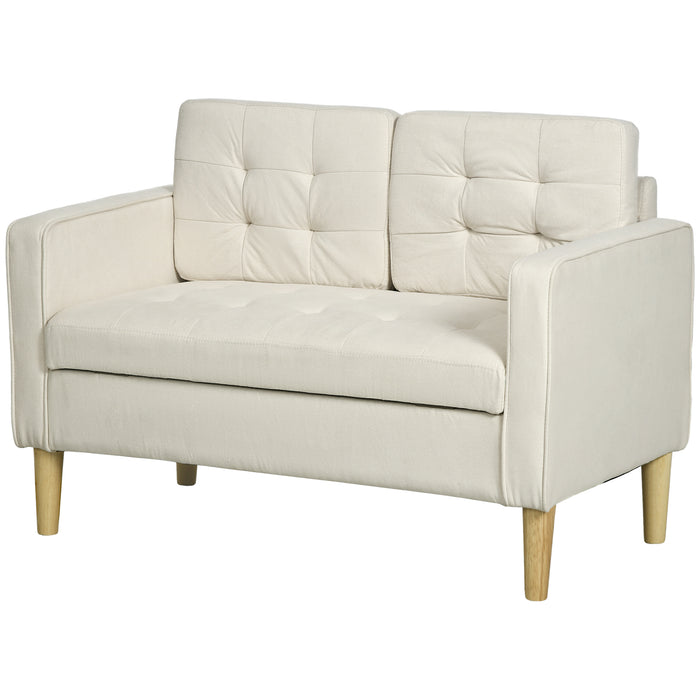 Modern Loveseat Sofa, Compact 2 Seater Sofa with Hidden Storage, 117cm Tufted Cotton Couch with Wood Legs, Cream White