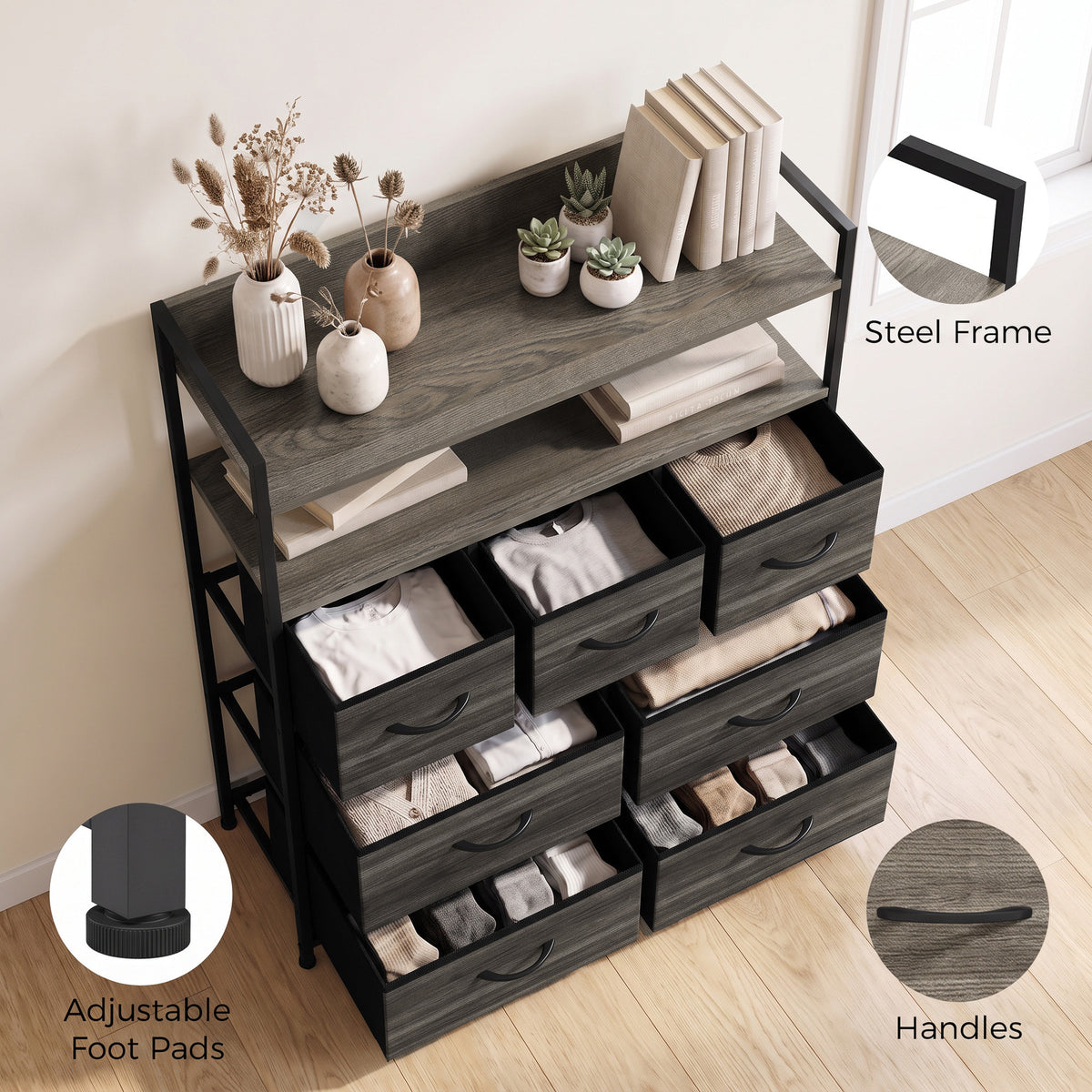 7-Drawer Fabric Chest with 2 Shelves and Steel Frame - Grey Wood Effect