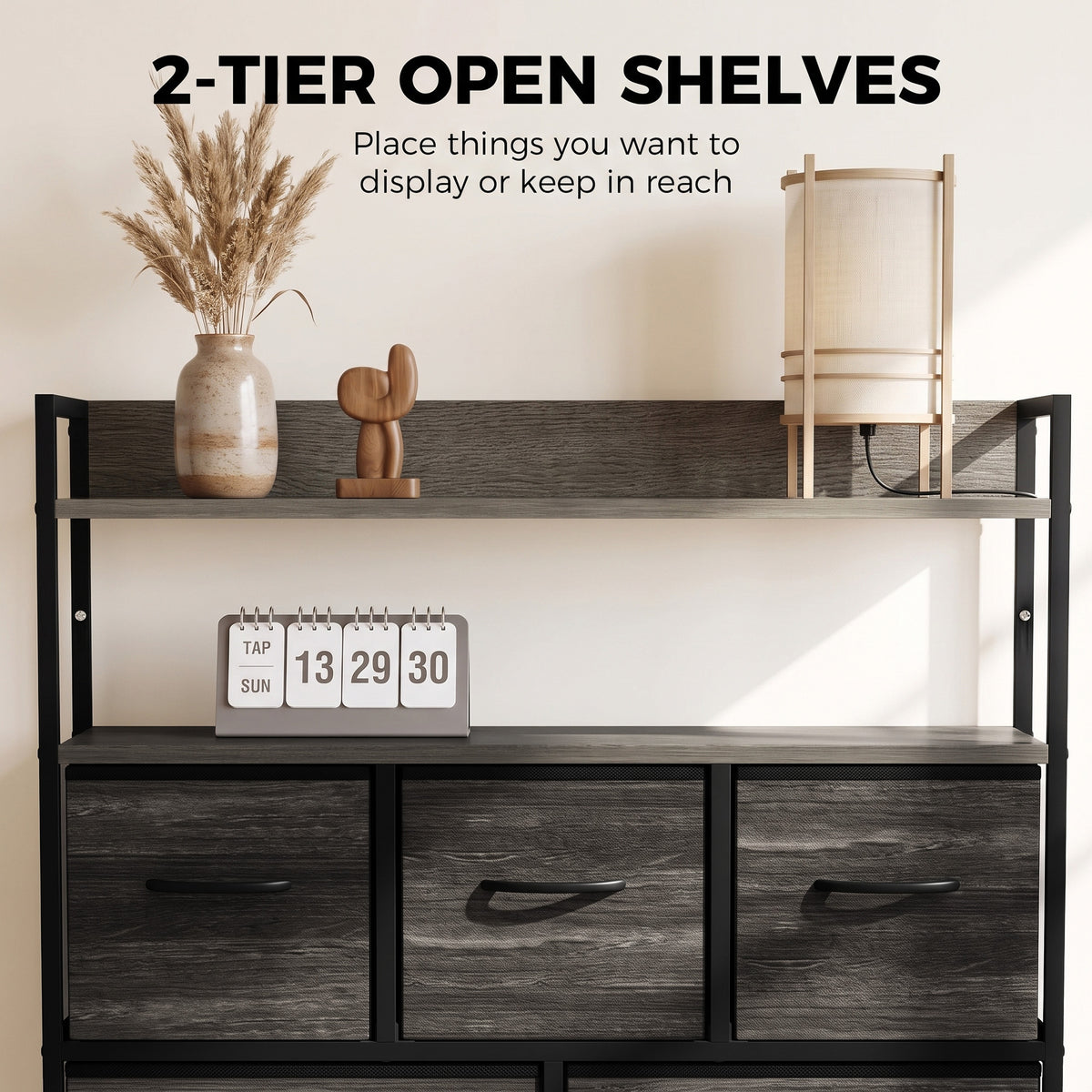 7-Drawer Fabric Chest with 2 Shelves and Steel Frame - Grey Wood Effect