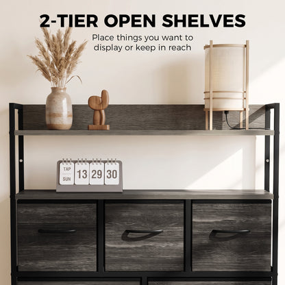 7-Drawer Fabric Chest with 2 Shelves and Steel Frame - Grey Wood Effect