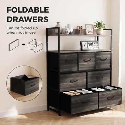 7-Drawer Fabric Chest with 2 Shelves and Steel Frame - Grey Wood Effect