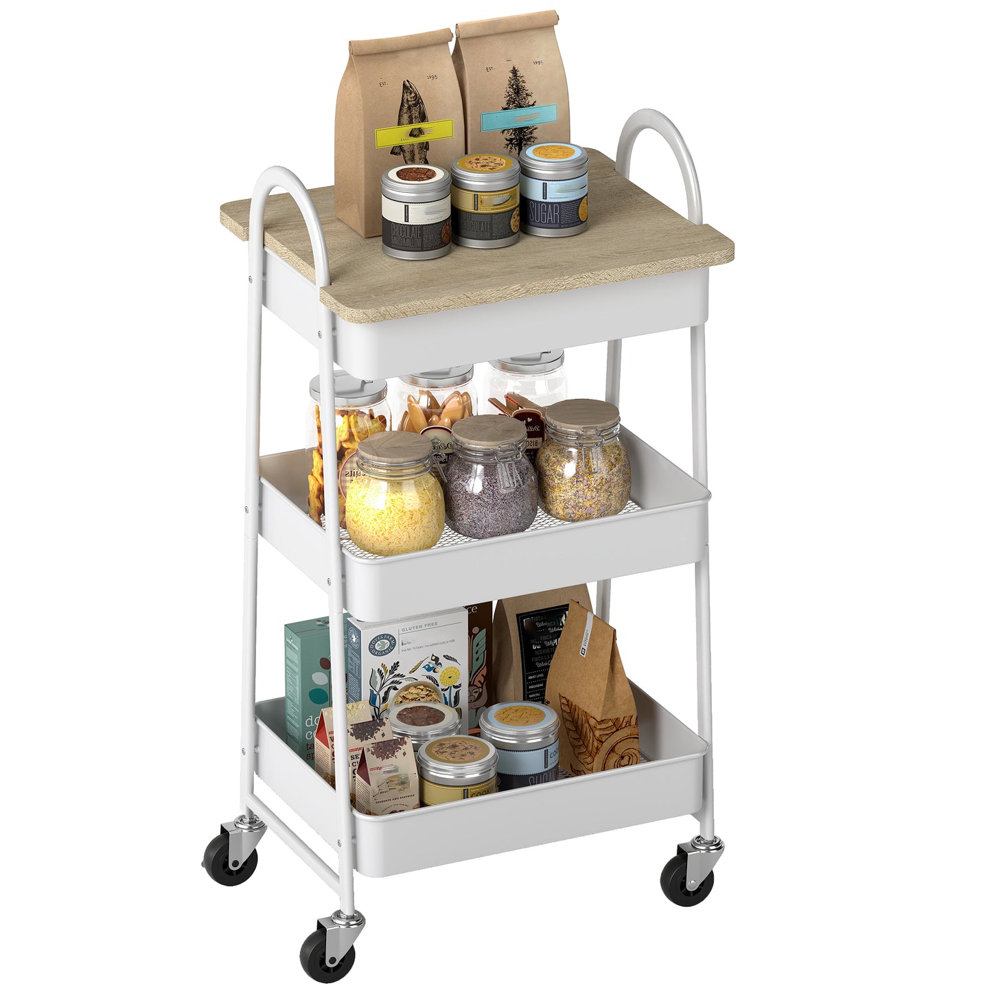 Rolling Utility Cart with Mesh Baskets for Kitchen White Oak