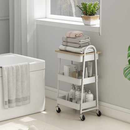 Rolling Utility Cart with Mesh Baskets for Kitchen White Oak