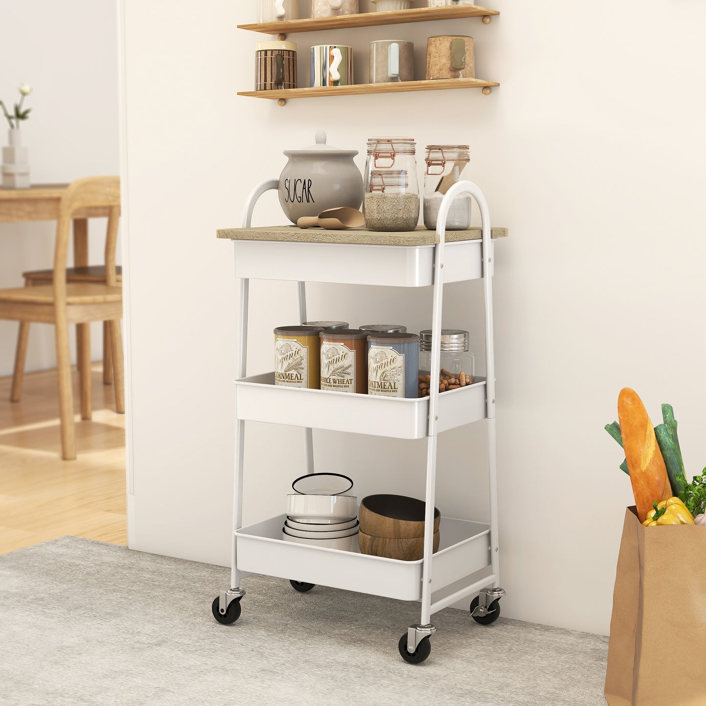Rolling Utility Cart with Mesh Baskets for Kitchen White Oak