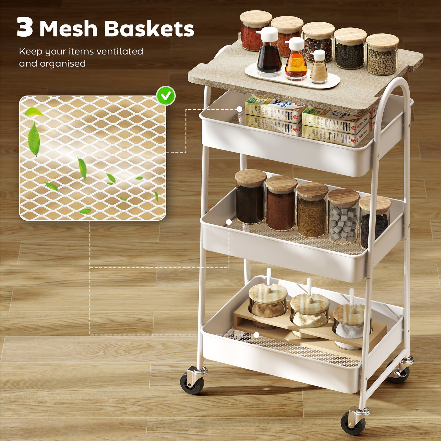 Rolling Utility Cart with Mesh Baskets for Kitchen White Oak