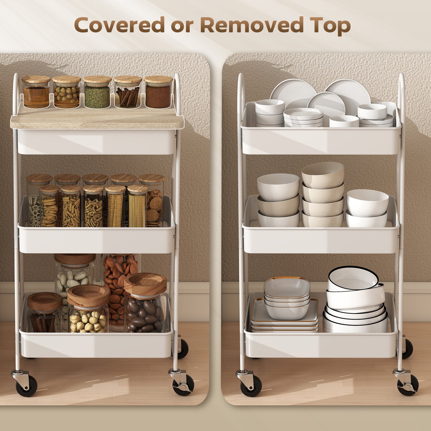 Rolling Utility Cart with Mesh Baskets for Kitchen White Oak