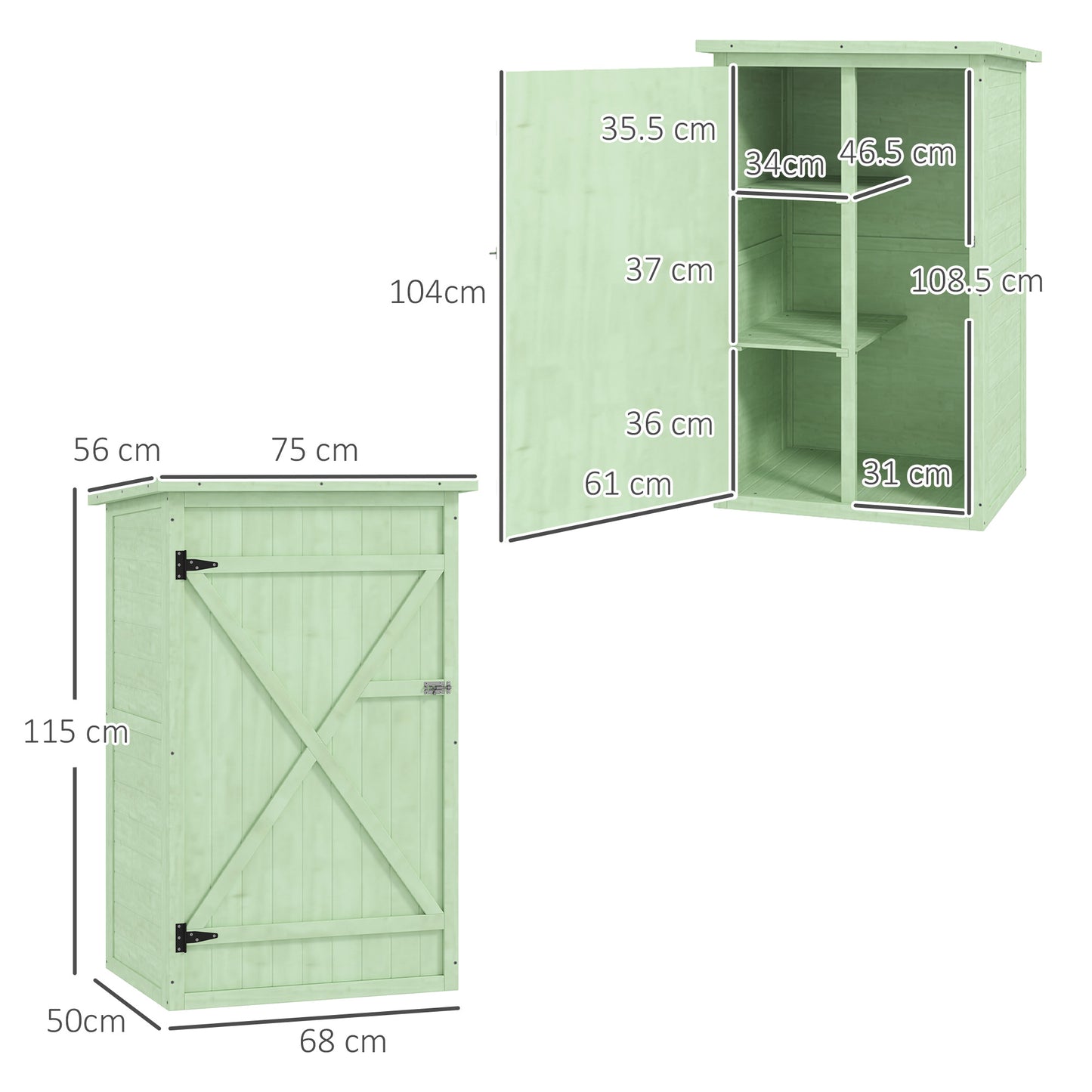 Garden Shed Outdoor Tool Storage w/ 2 Shelves 75 x 56 x115cm Green