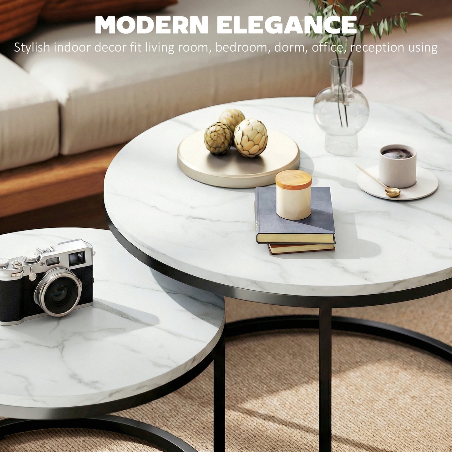2 Pcs Stacking Coffee Table Set Steel Frame, Marble White
