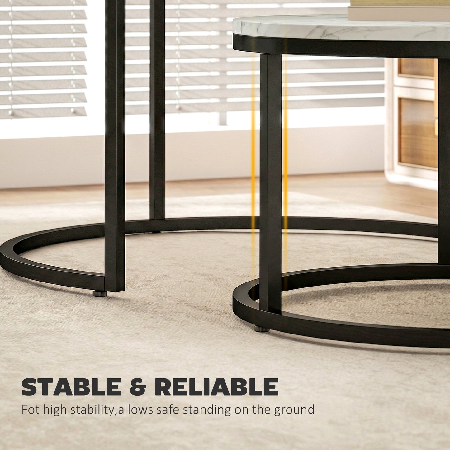 2 Pcs Stacking Coffee Table Set Steel Frame, Marble White