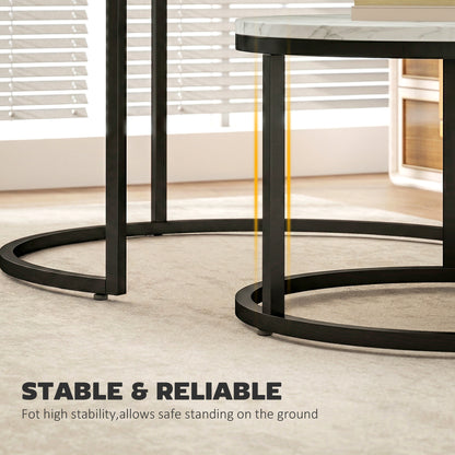 2 Pcs Stacking Coffee Table Set Steel Frame, Marble White