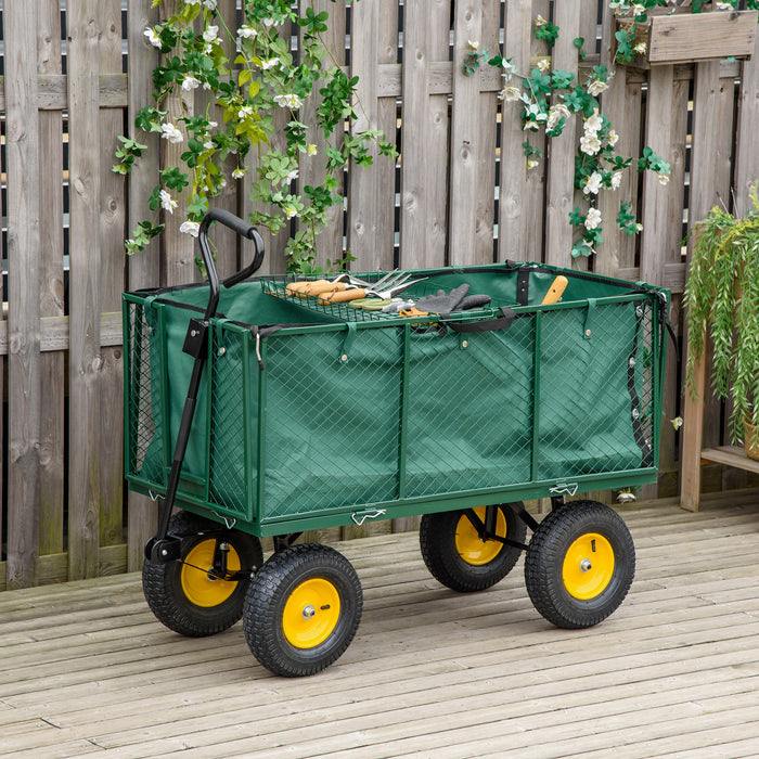 Large 4 Wheel Heavy Duty Garden Trolley Cart Wheelbarrow with Handle and Metal Frame - Green