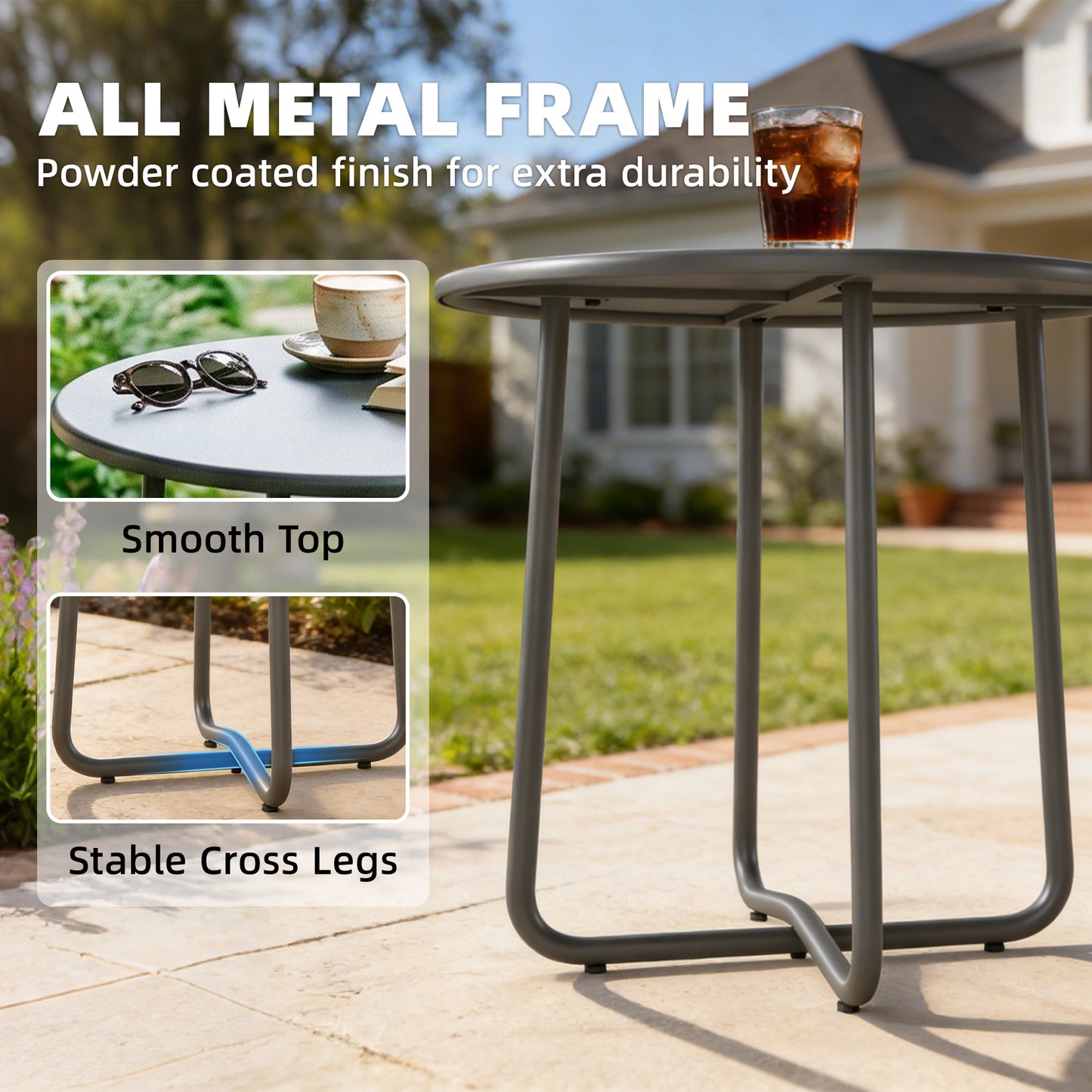 Metal Garden Side Table, 48 cm Round Outdoor Table, Dark Grey