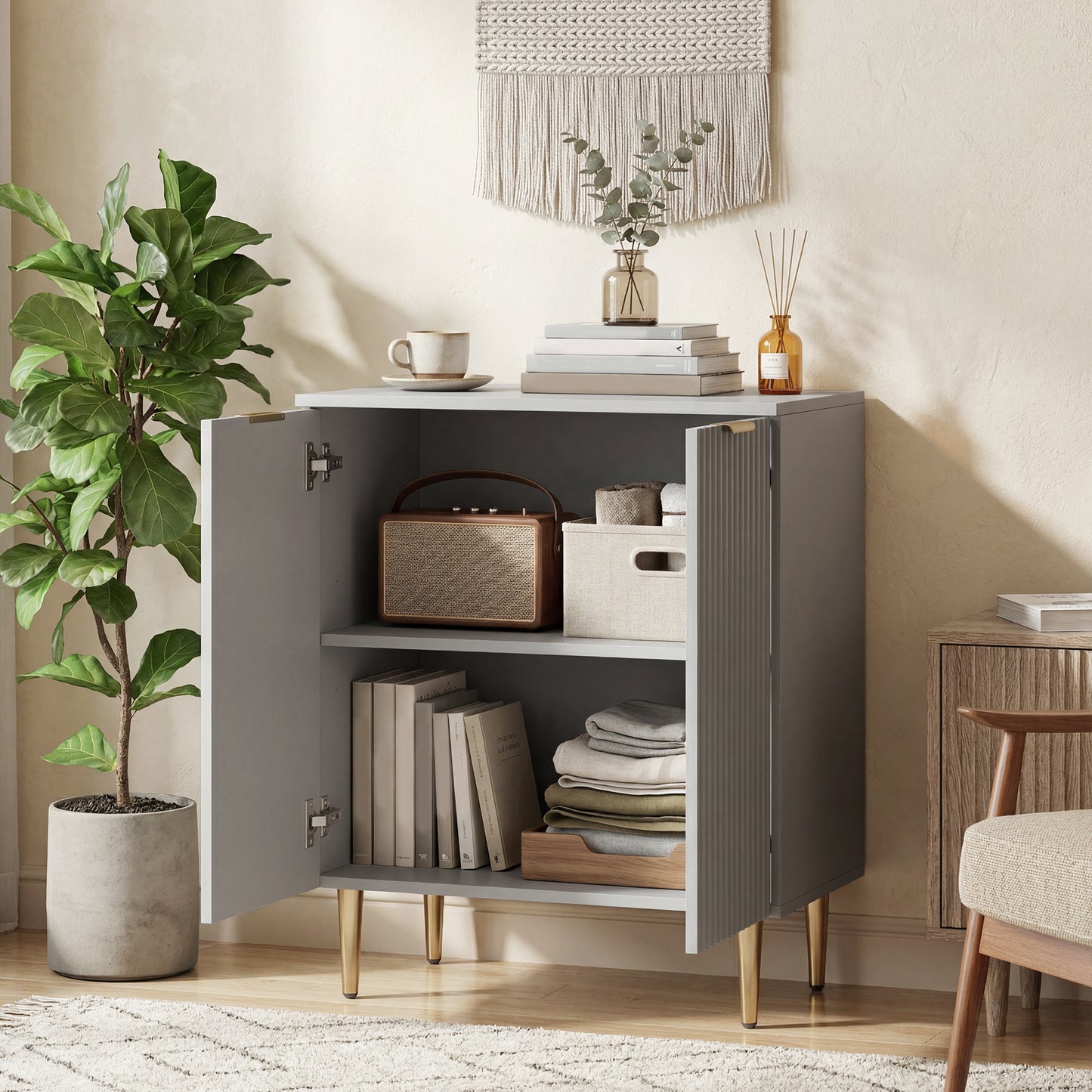 Sideboard Buffet Cabinet, Modern Kitchen Storage Cabinet with 2 Doors and Adjustable Shelf, Living Room Sideboard with Metal Legs for Hallway, Grey
