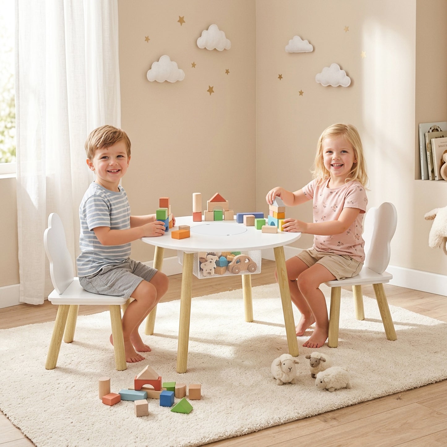Kids Table and Chairs Set, 3 Piece Toddler Table and Chairs Set with Storage Mesh Bag, for Reading, Drawing, Art, Craft, Playroom, Nursery, Kids Bedroom, White