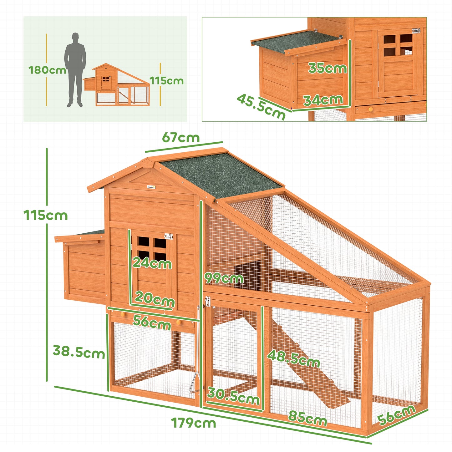 Wooden Chicken Coop with Run, Nesting Box, Slide-out Tray, Ramp