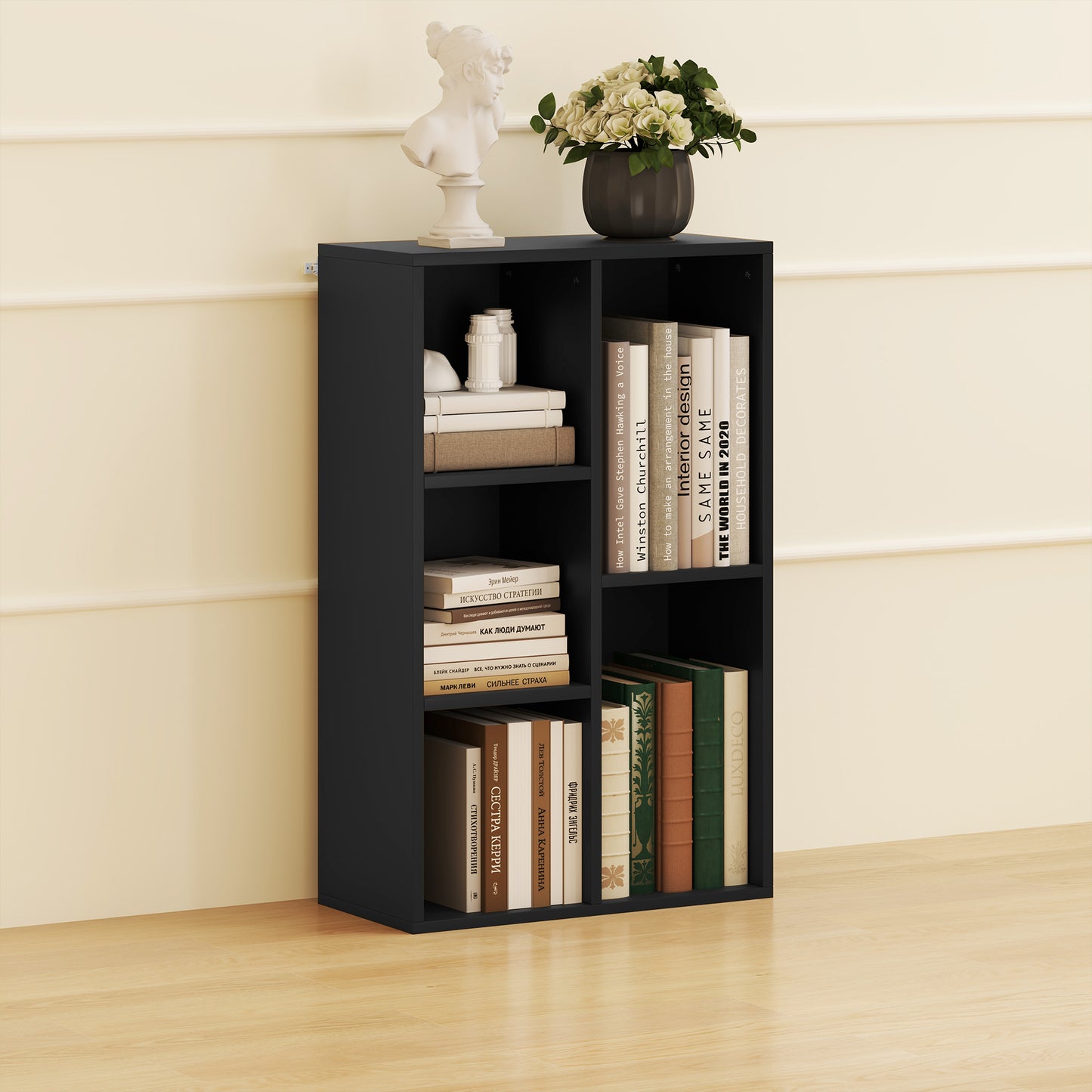 2-Tier Bookshelf with 5 Open Storage Compartments, Black