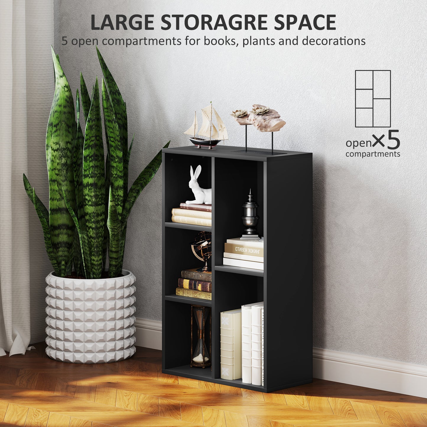 2-Tier Bookshelf with 5 Open Storage Compartments, Black