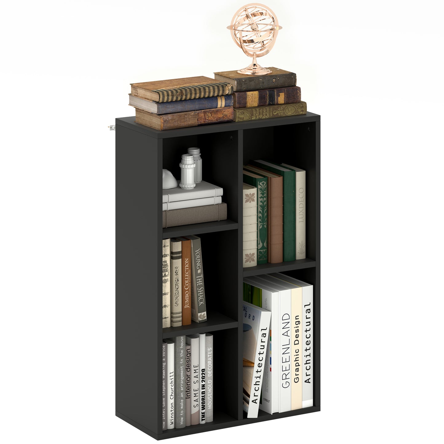 2-Tier Bookshelf with 5 Open Storage Compartments, Black
