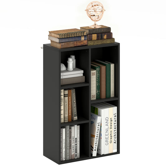 2-Tier Bookshelf with 5 Open Storage Compartments, Black