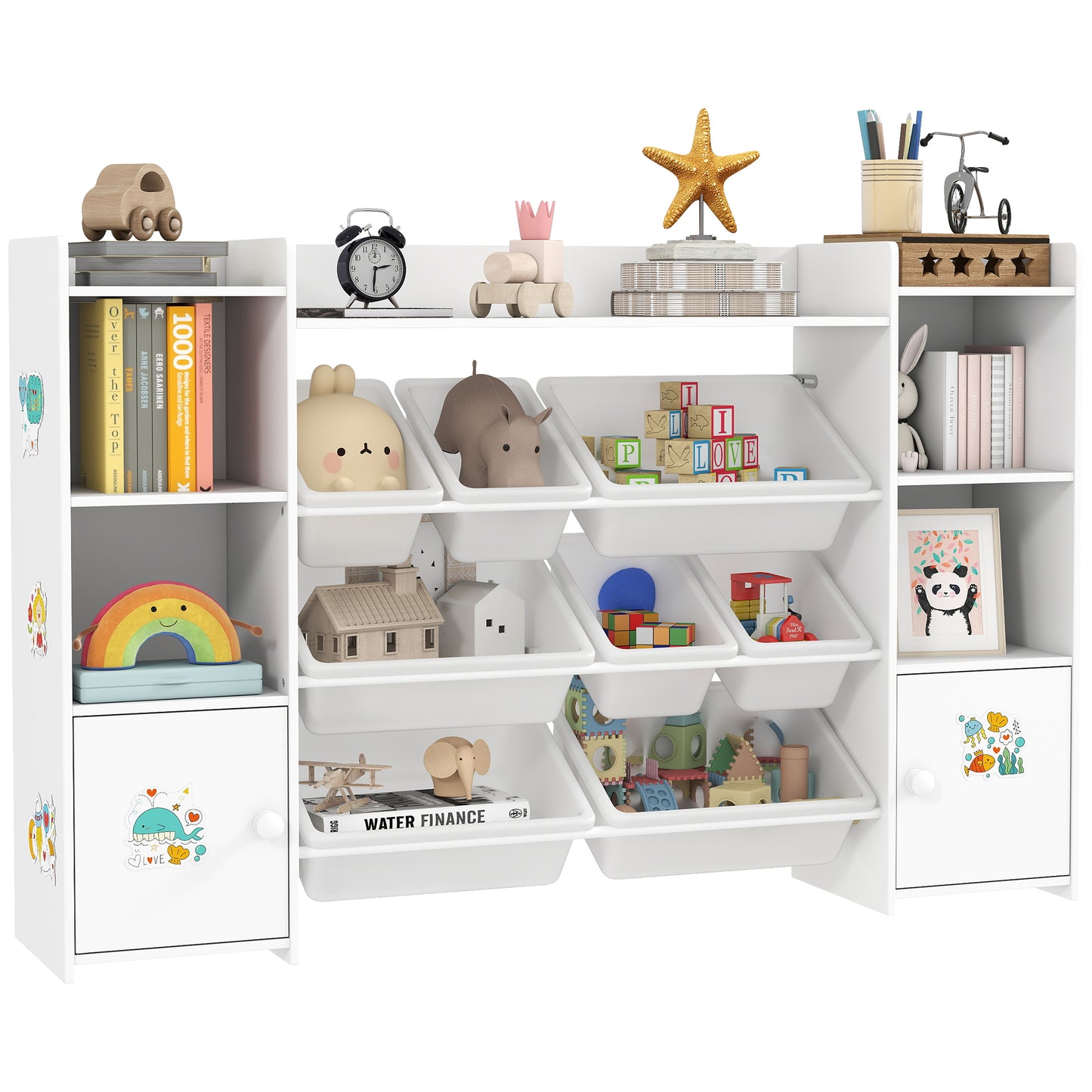 Kids Bookshelf and Toy Storage Organiser with 8 Removable Storage Bins, Toy Organisers with Bookshelf for Playroom, Nursery, Kids Room, White