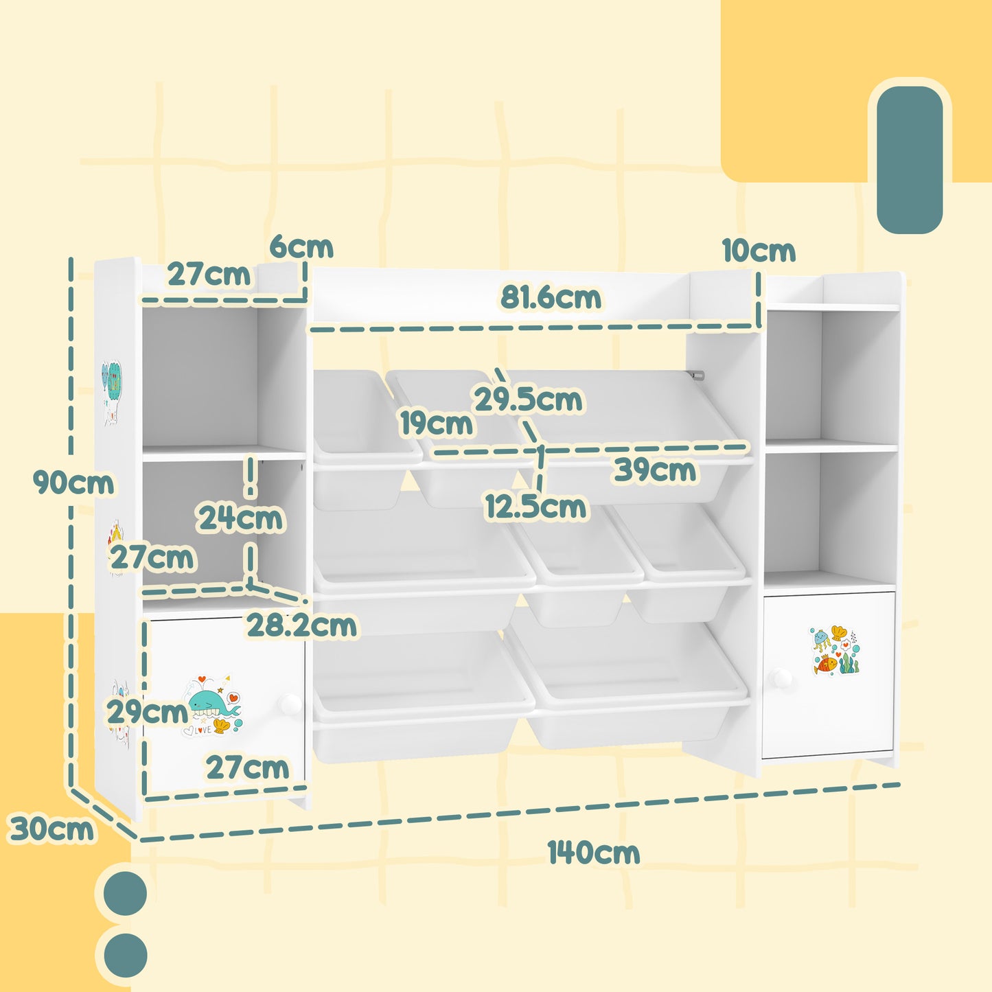 Kids Bookshelf and Toy Storage Organiser with 8 Removable Storage Bins, Toy Organisers with Bookshelf for Playroom, Nursery, Kids Room, White