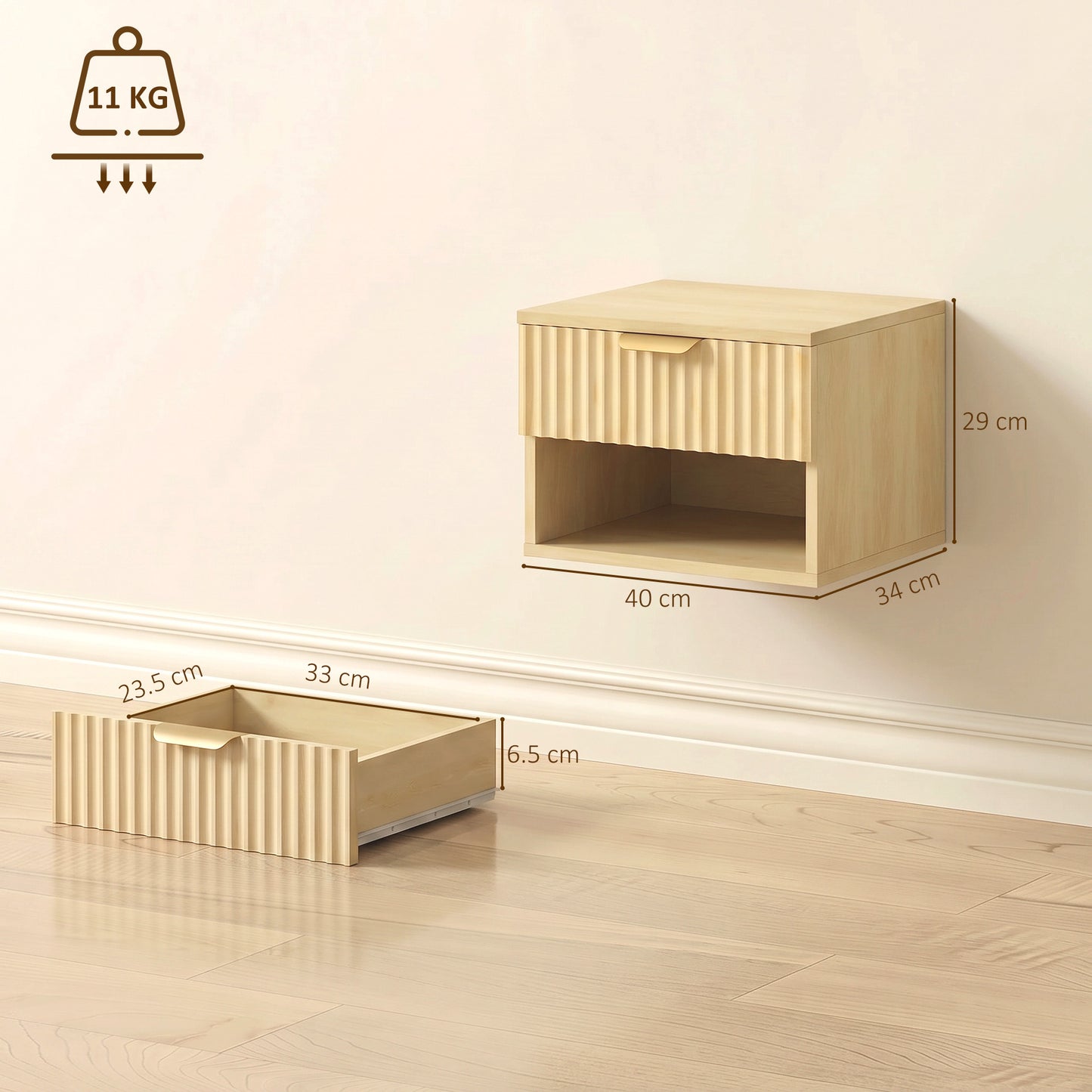 Floating Nightstands Set of 2, Wall Mounted Bedside Tables, Oak
