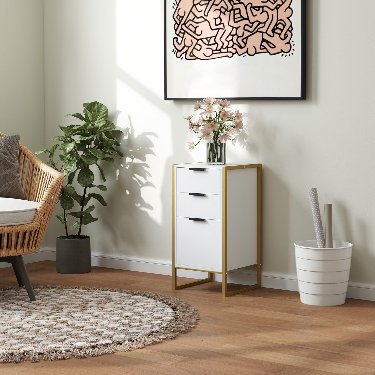 Industrial 3-Drawer Bedroom Chest of Drawers with Metal Frame, White