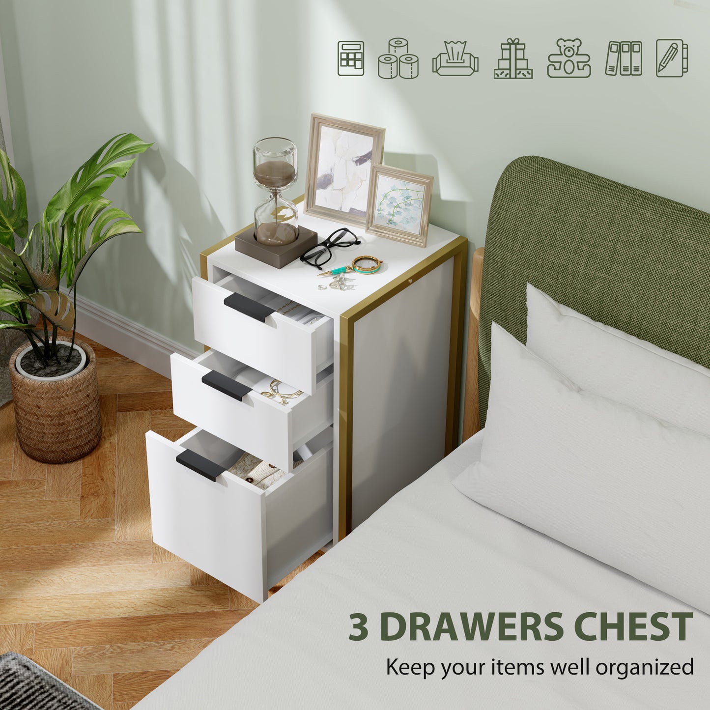 Industrial 3-Drawer Bedroom Chest of Drawers with Metal Frame, White