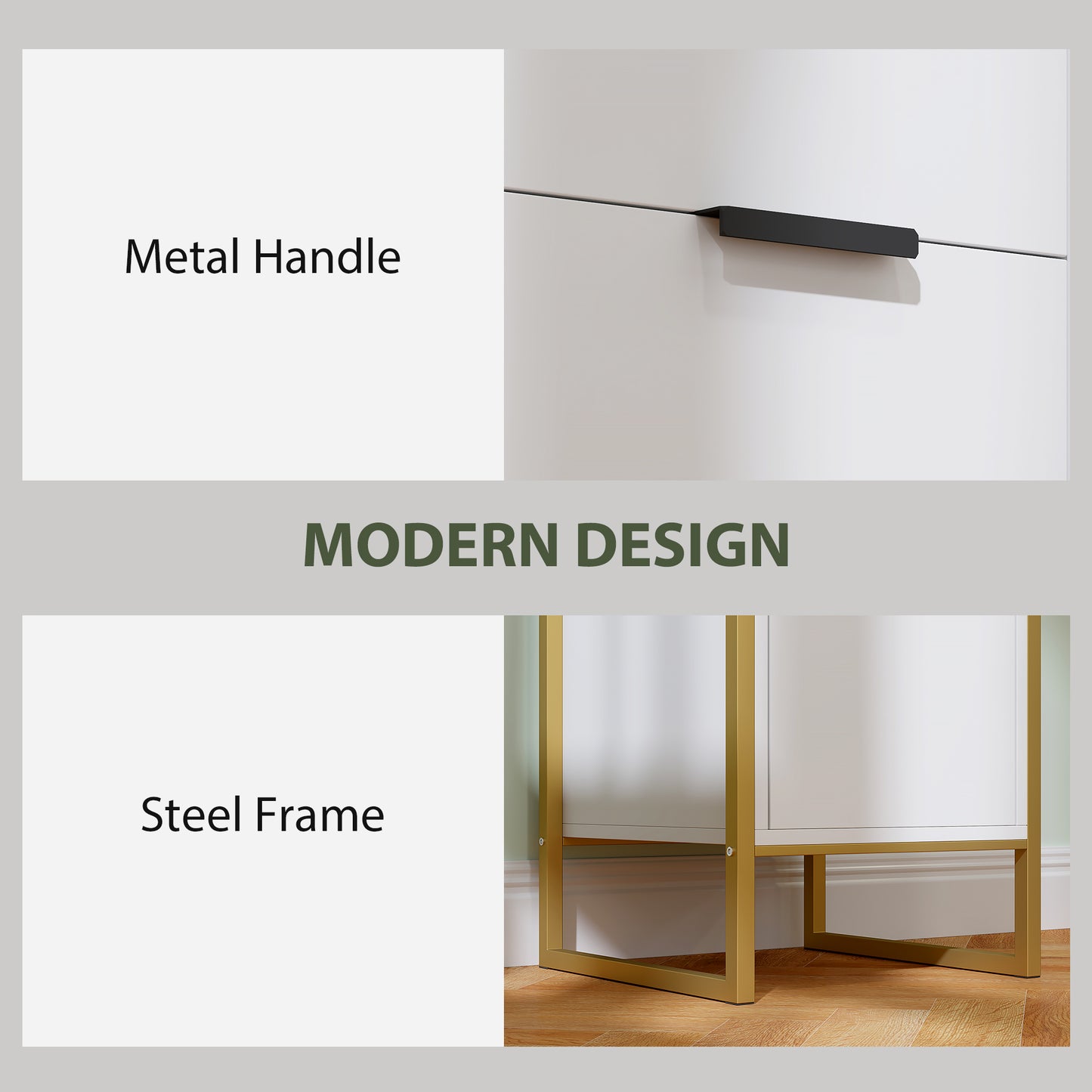 Industrial 3-Drawer Bedroom Chest of Drawers with Metal Frame, White