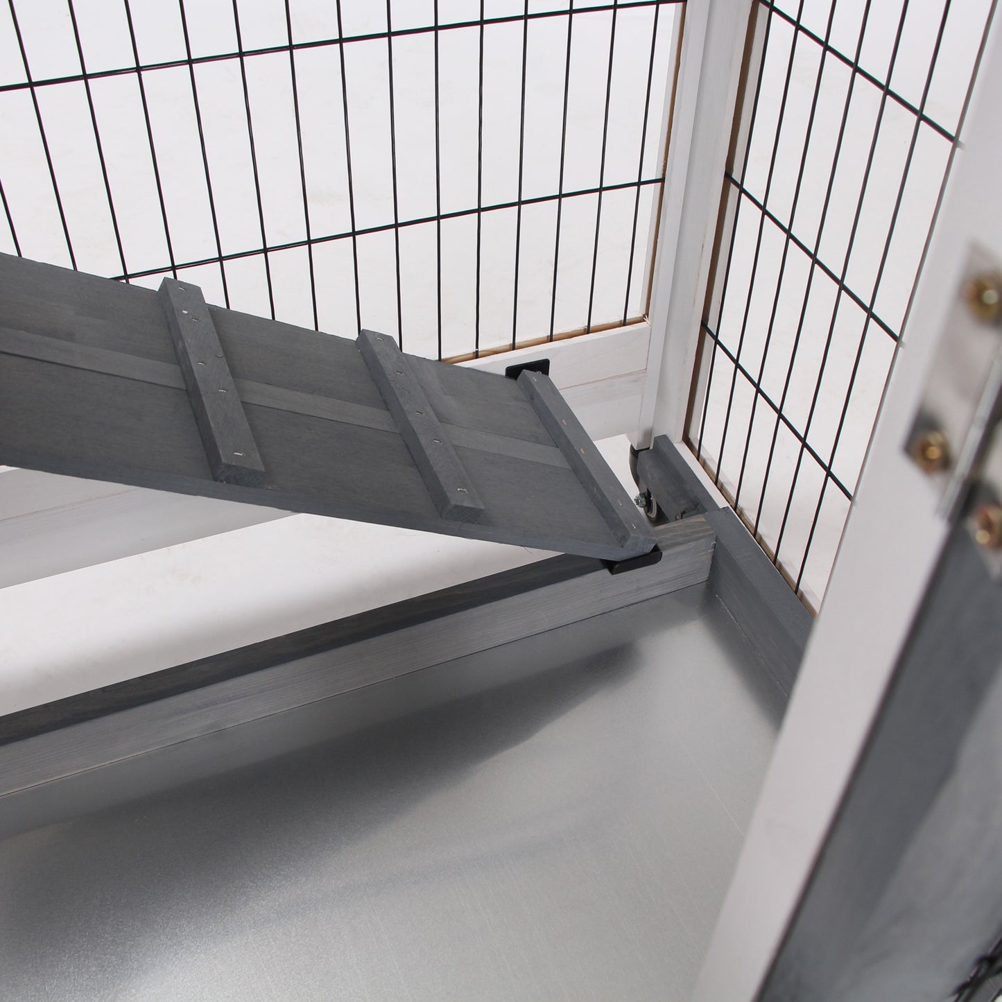 Wooden Indoor Rabbit Hutch Guinea Pig House Bunny Small Animal Cage W/ Wheels Enclosed Run 110 x 50 x 86 cm, Grey