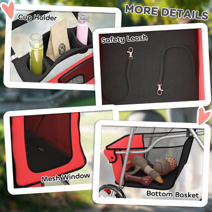 Dog Pram, Foldable Pet Stroller for Small Miniature Dogs Cats, Pet Buggy Pushchair with 360° Swivel EVA Wheels, Brake, Reflective Strips, Mesh Windows, Washable Cushion, Red