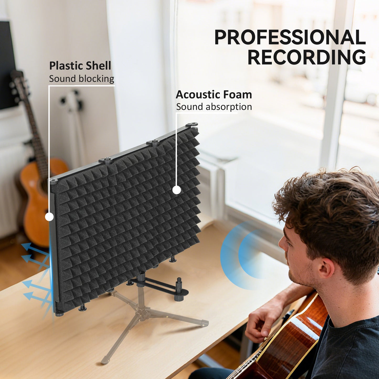 Foldable Table Top Studio Microphone Isolation Shield, Black