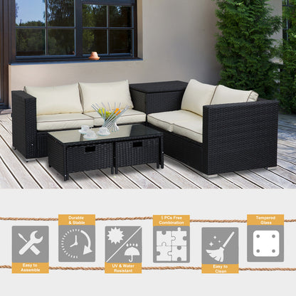 Outsunny 4 Pcs Rattan Wicker Garden Furniture Patio Sofa Storage & Table Set w/ 2 Drawers Coffee Table,Great Cushioned 4 Seats Corner Sofa - Black