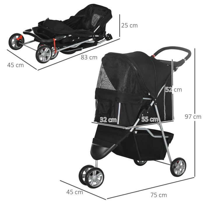 Pet Travel Stroller Cat Dog Pushchair Trolley Puppy Jogger Carrier Three Wheels for Small Miniature Dogs(Black)