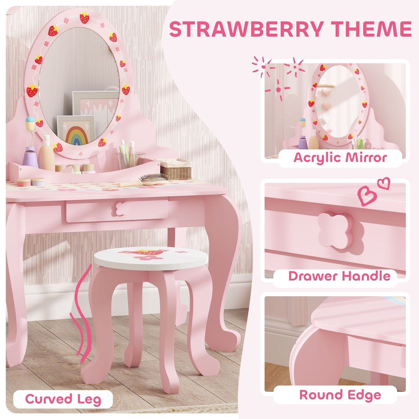 Kids Dressing Table Set, Two-Piece Children Vanity Table with Stool