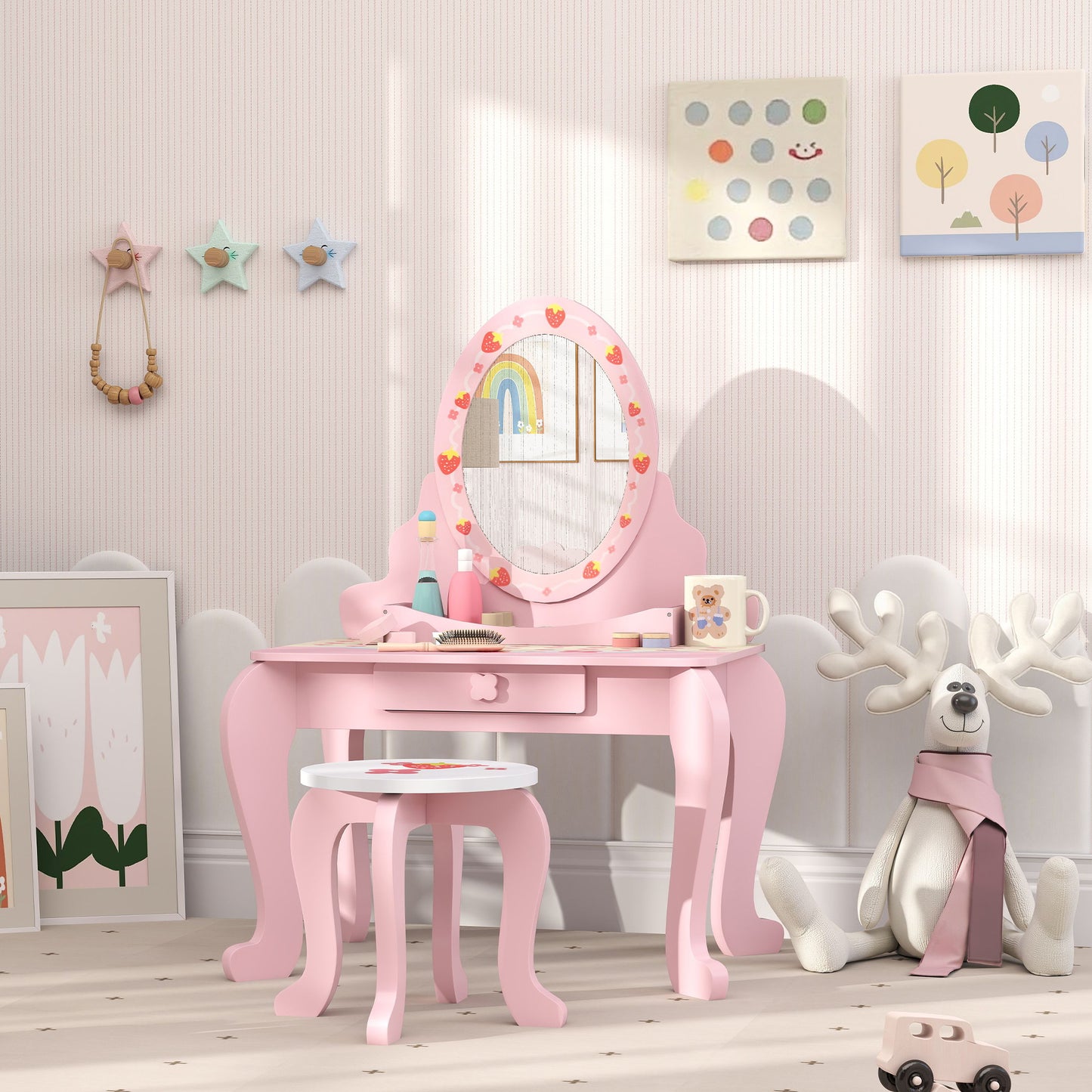 Kids Dressing Table Set, Two-Piece Children Vanity Table with Stool