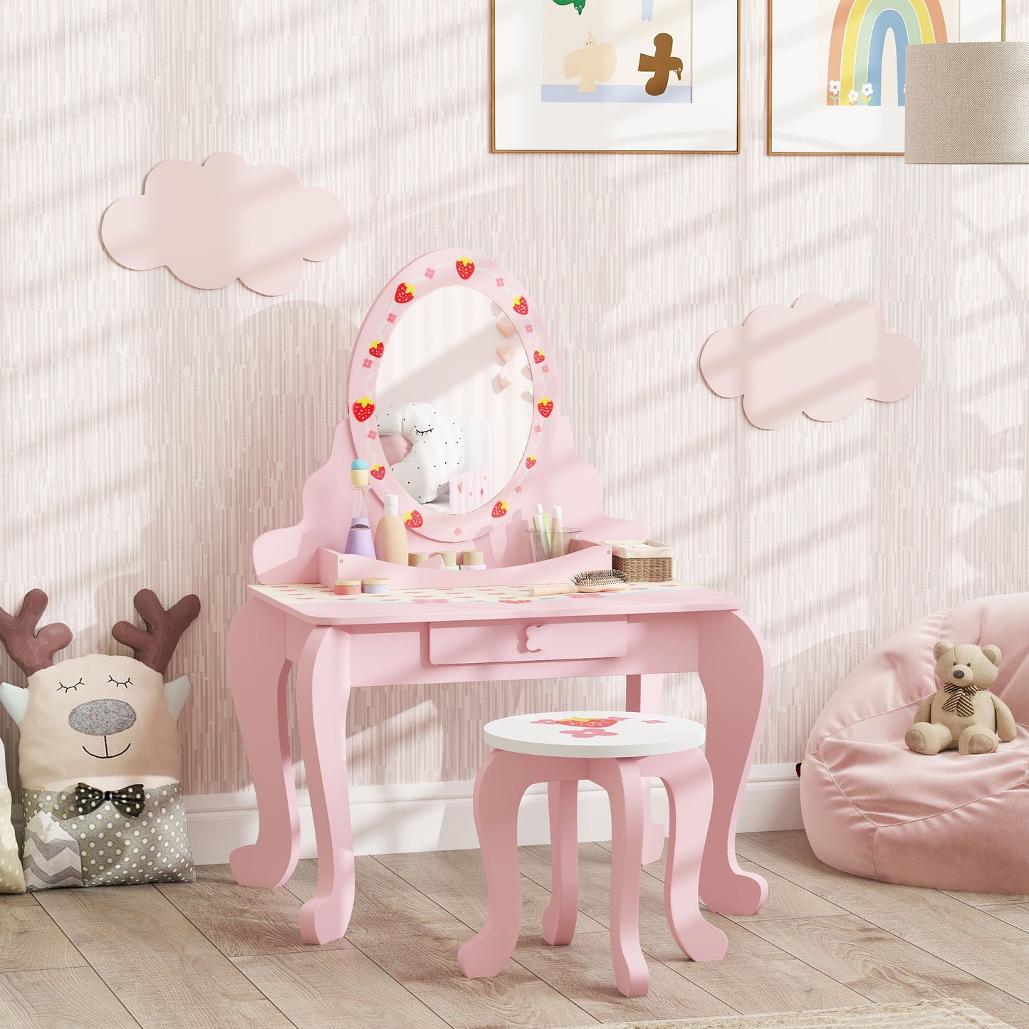 Kids Dressing Table Set, Two-Piece Children Vanity Table with Stool