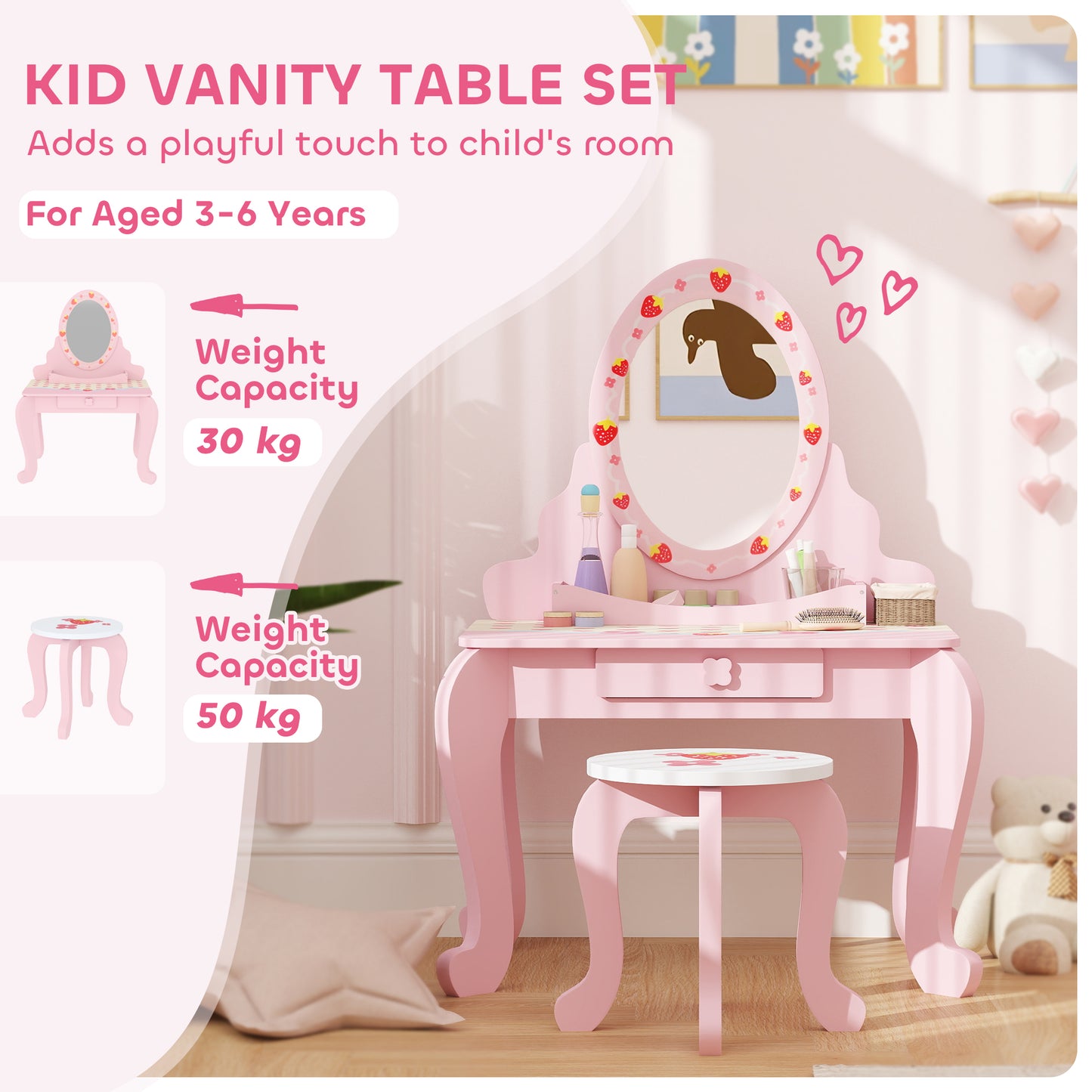 Kids Dressing Table Set, Two-Piece Children Vanity Table with Stool