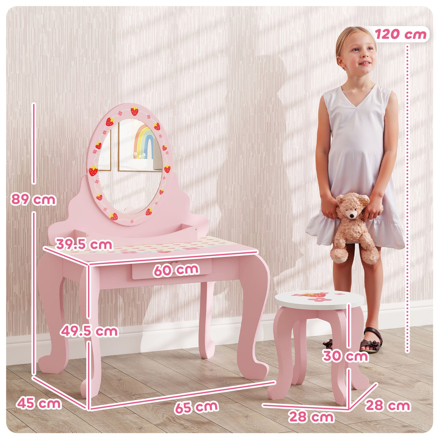 Kids Dressing Table Set, Two-Piece Children Vanity Table with Stool
