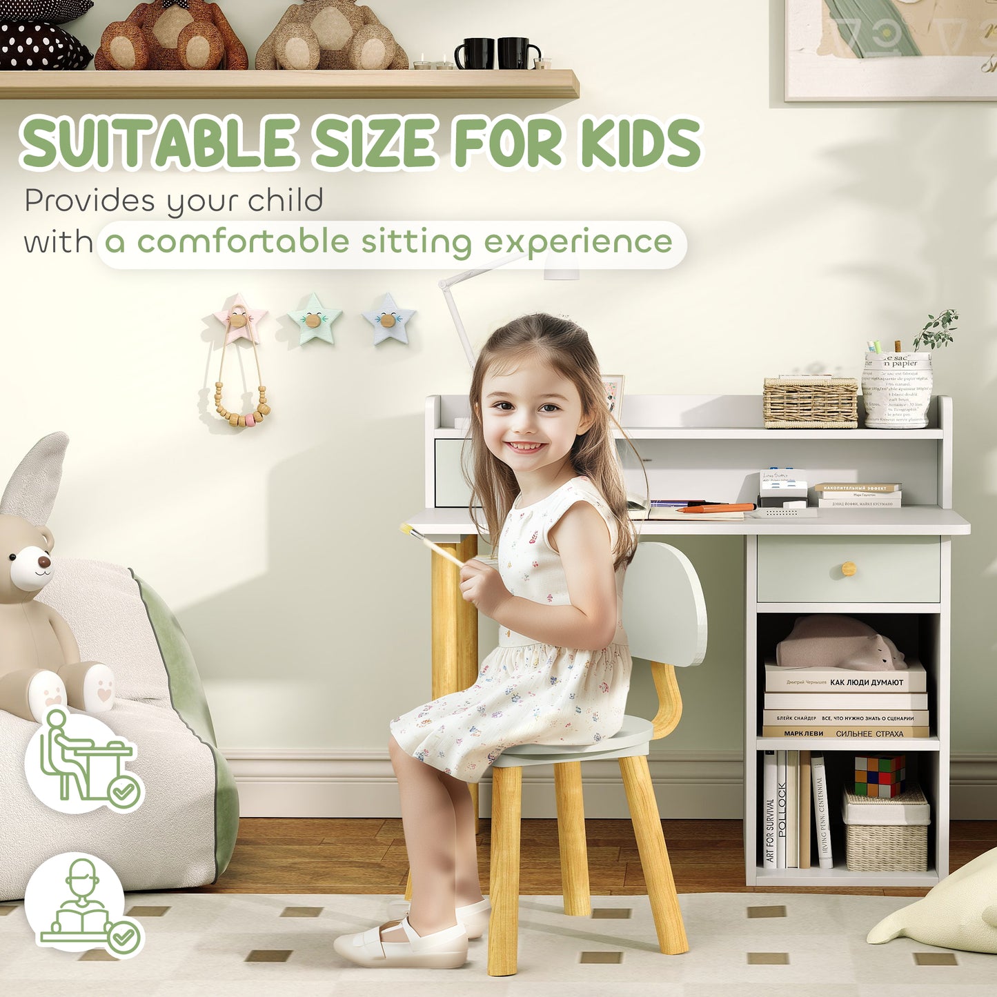 Kids Desk and Chair Set, Children Study Table with Hutch, Storage, Drawer, Shelves, for Studying, Reading, Drawing, for Ages 3-8 Years, Green