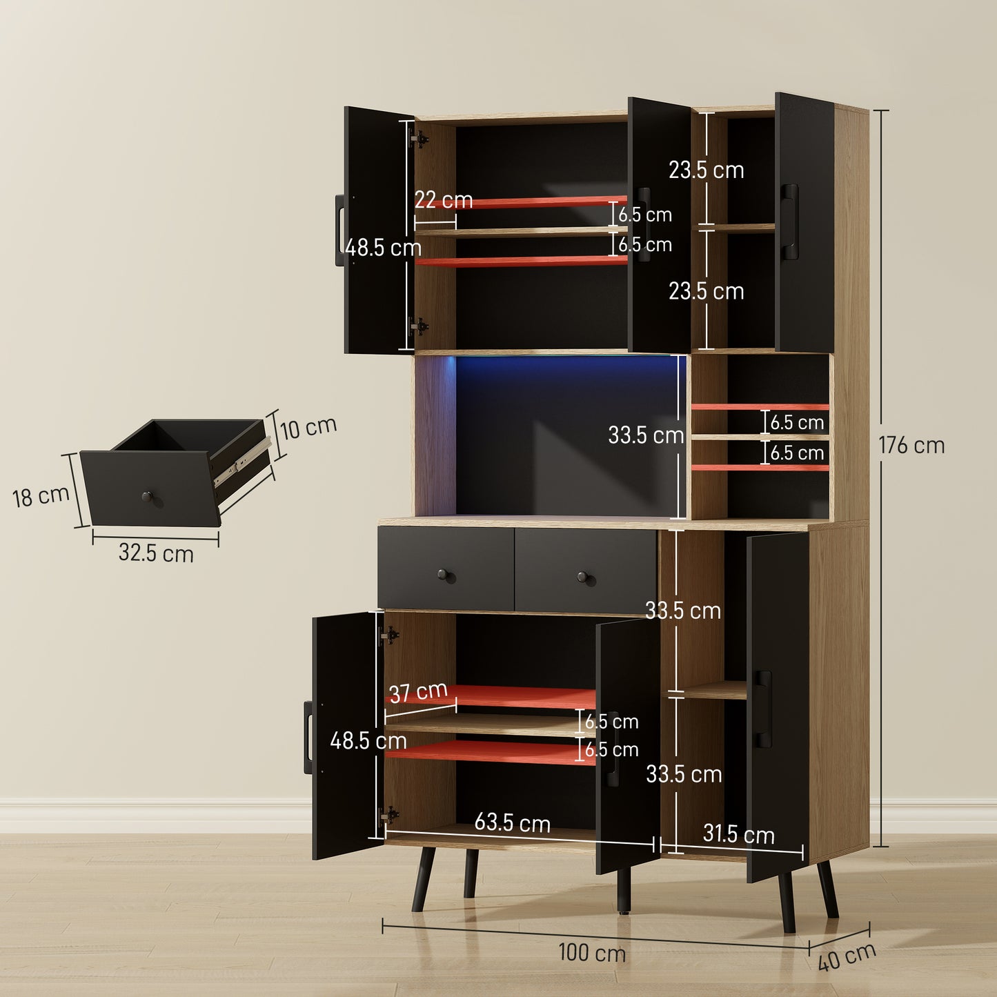 Tall Kitchen Cupboard with LED Lights and Adjustable Shelves, Oak
